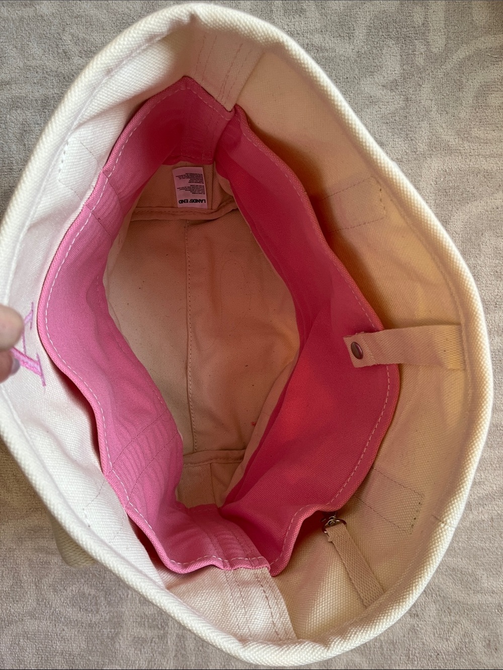 Lands' End Cream Canvas Tote with Pink Trim and Monogram - Picture 2 of 3